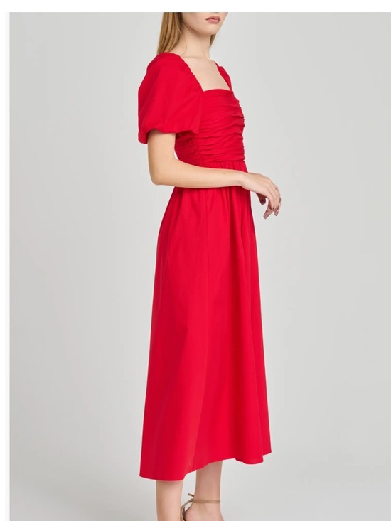 Wayf Dresses & Skirts - Wayf Lucy Ruched Puff Sleeve Midi Dress in Red